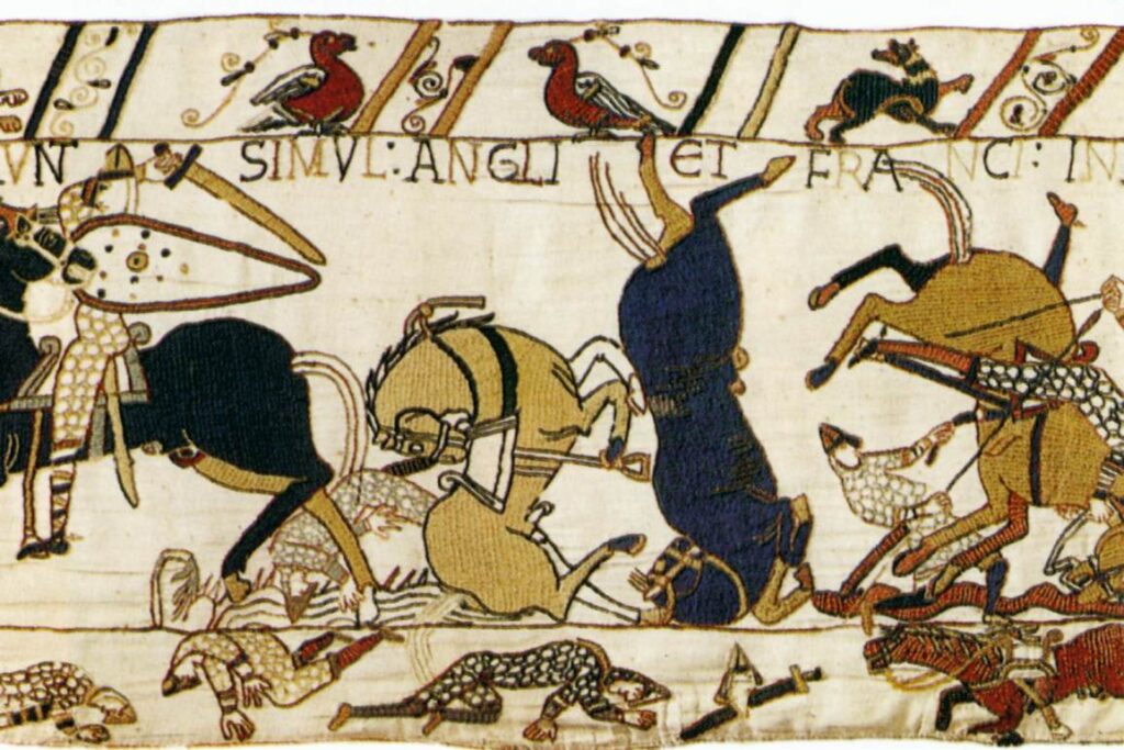 Horses and men falling at the Battle of Hastings, embroidery on linen, Bayeux Tapestry, 11th century.