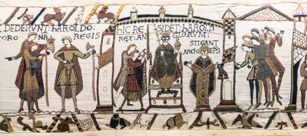 Harold of Wessex newly crowned by Archbishop Stigand, embroidery on linen, Bayeux Tapestry, 11th century.