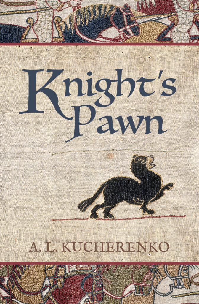 Knight's Pawn book cover. Top band partial view of an embroidered chain-mailed knight on a blue horse riding into battle. The main body is raw linen with title KNIGHT'S PAWN above a dark blue embroidered creature standing on a red line of stitching. Below is the authors name A.L KUCHERENKO. Lower band is a partial view of embroidered brown, red, and green war horses facing right.