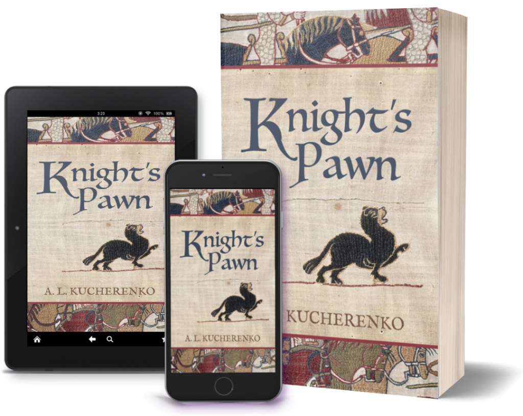 Three Knight's Pawn book cover's, ebooks and paperback. Book cover has a top band showing a partial view of an embroidered chain-mailed knight on a blue horse riding into battle. The main body is raw linen with title KNIGHT'S PAWN above a dark blue embroidered creature standing on a red line of stitching. Below is the authors name A.L KUCHERENKO. Lower band is a partial view of embroidered brown, red, and green war horse's heads facing right.