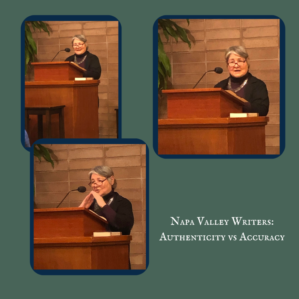 Three colored photos of the author at a podium, smiling, speaking, and gesturing. Each photo, inside a dark blue frame is placed on a dark sage-green background.