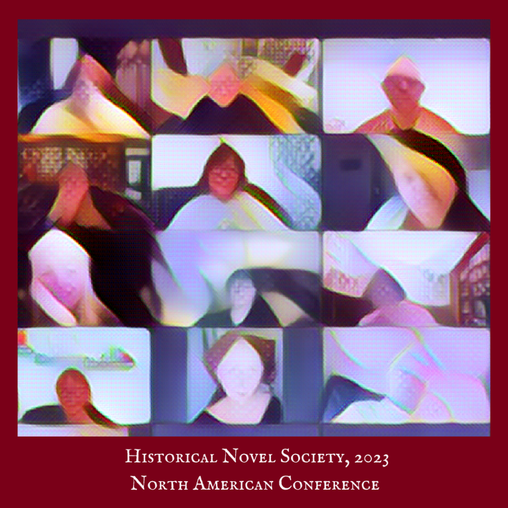 Screenshot of twelve authors participating in a Zoom call, all distorted by shapes and bright pastel pinks, yellows, and greens obscuring faces.