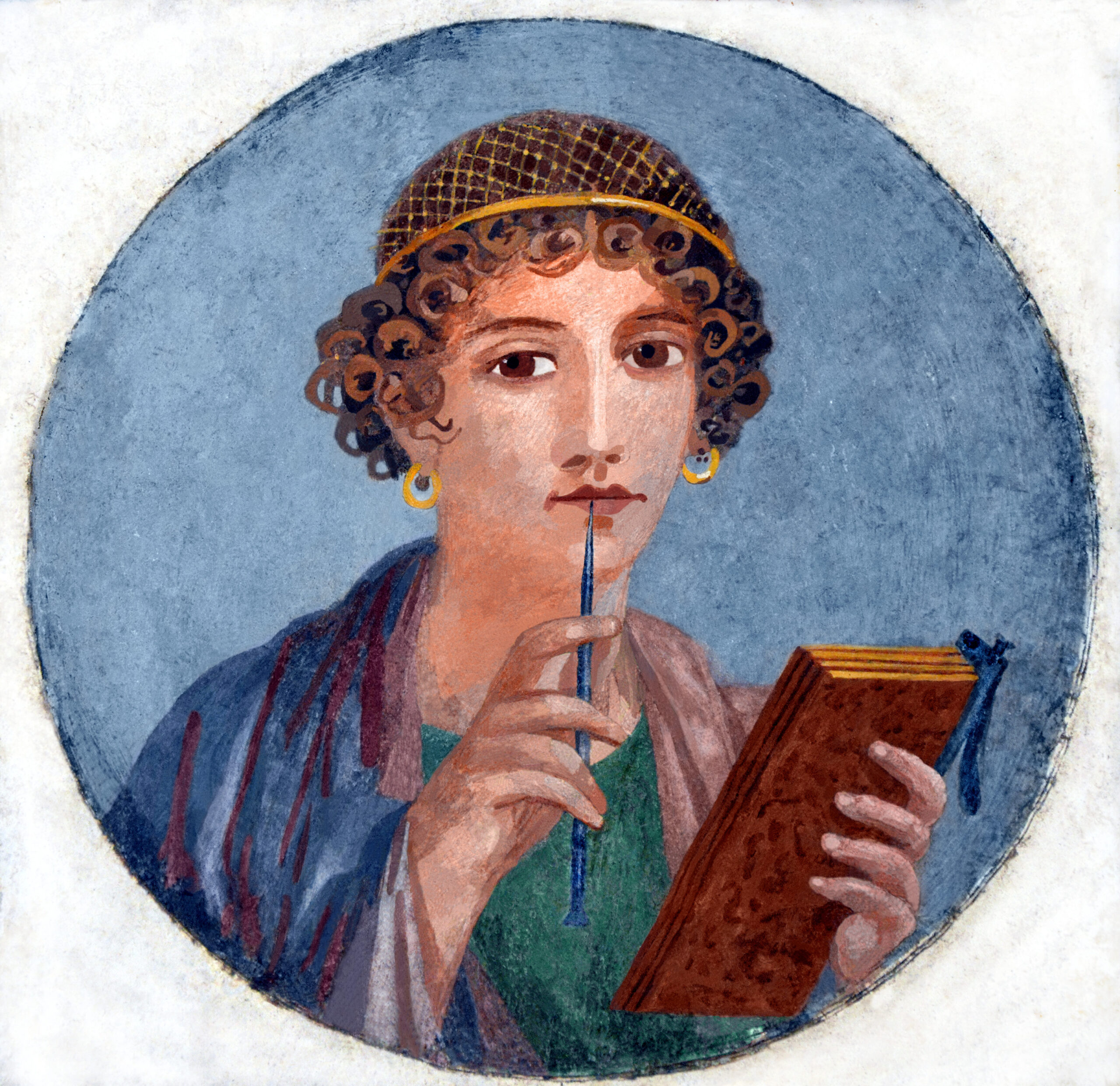 Poetess, Sappho, gazing out in thought.