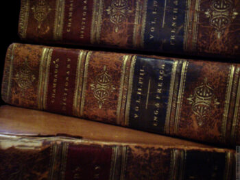 Old books, leather spines with gold stripes, words, designs.