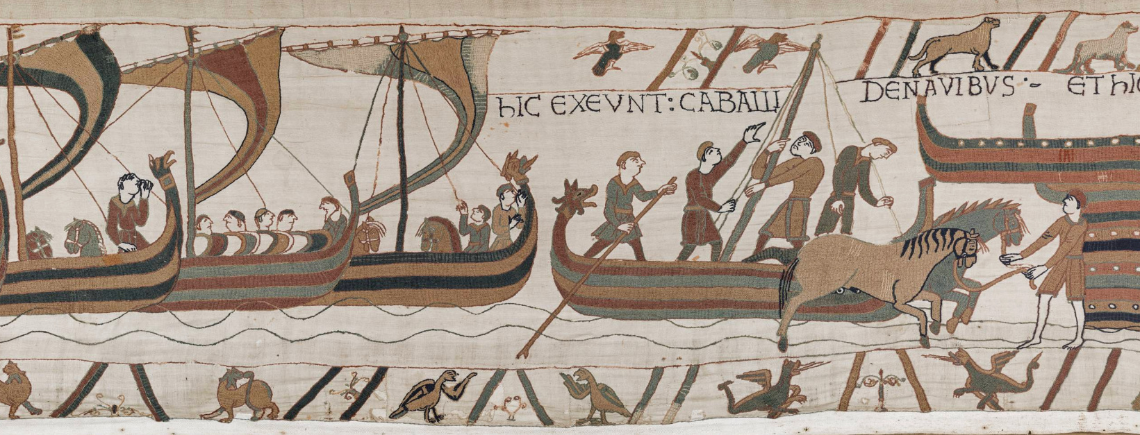 Bayeux Tapestry, Normans raising mast, loading horses.