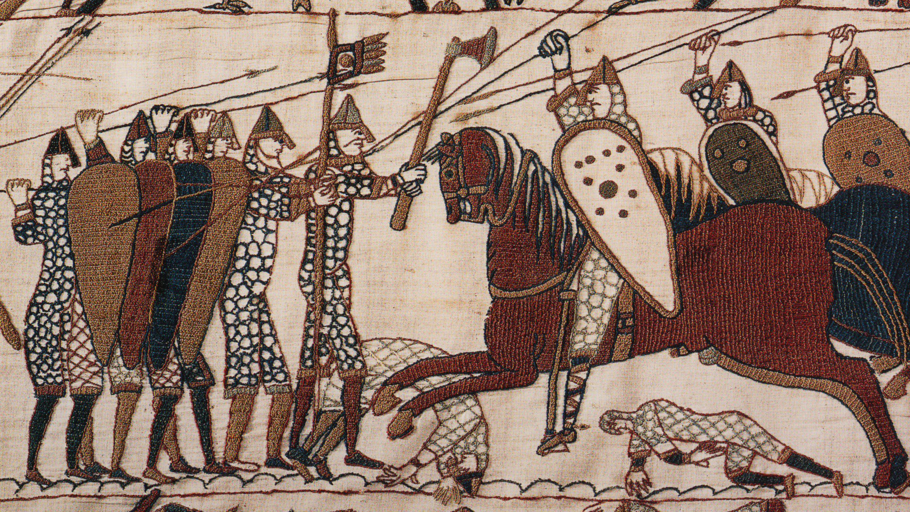 Bayeux Tapestry, Norman knights attacking English infantry.