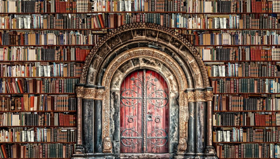 wall of books surrounding arched door