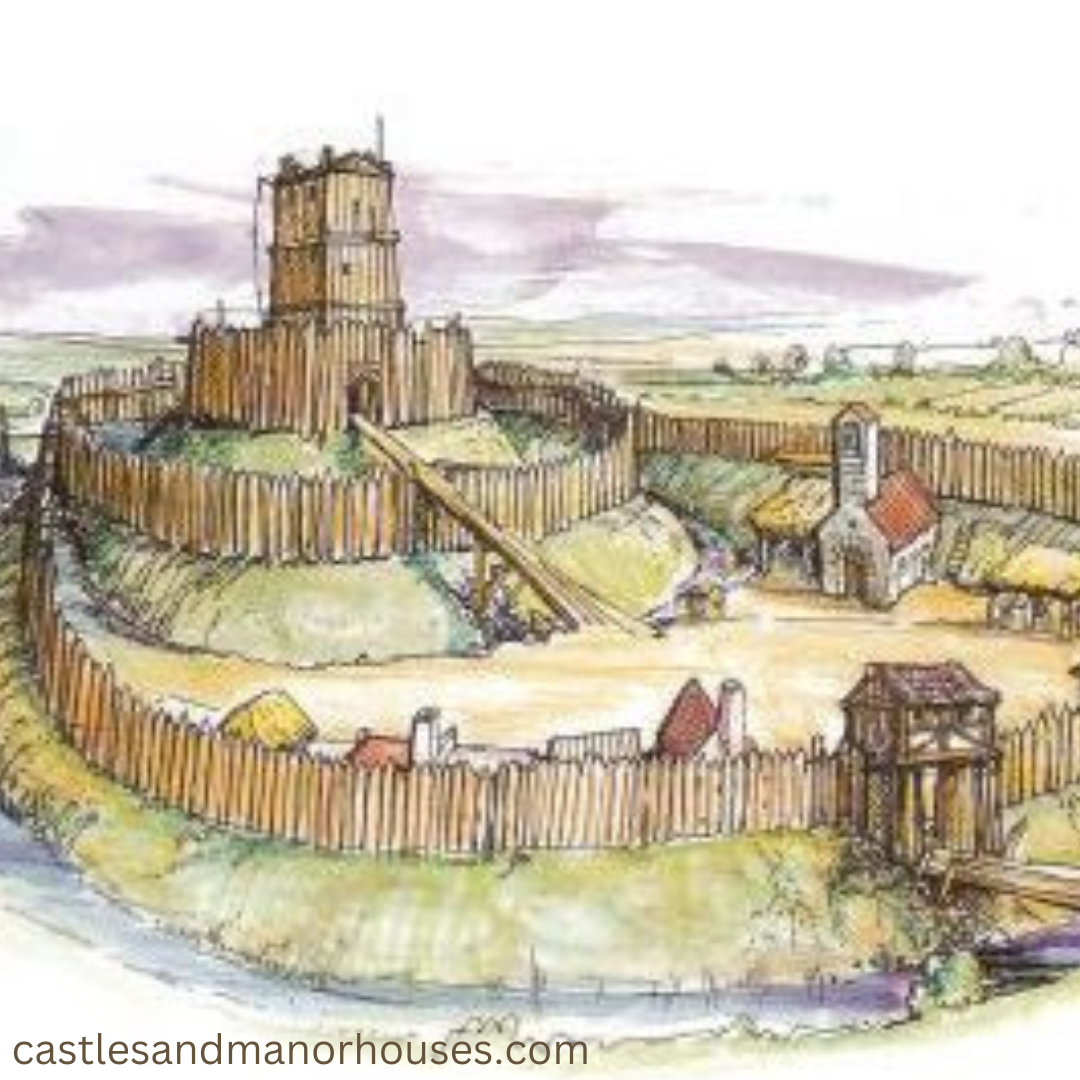 Drawing of a timber castle on top of a motte, an earthen mound, surrounded by a moat and defense walls enclosing the bailey, an inner courtyard filled with buildings.
