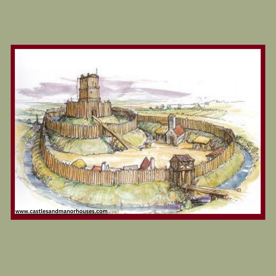 Color drawing of an early Norman castle, showing interior and exterior timber walls, an artificial mound topped by a timber tower, surrounded by a moat.