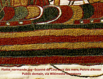 Bayeux Tapestry: hull of Harold Godwinson’s ship sailing to Normandy, embroidery on linen.