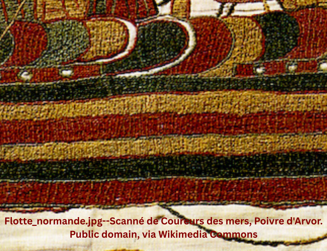 Bayeux Tapestry: hull of Harold Godwinson’s ship sailing to Normandy, embroidery on linen.